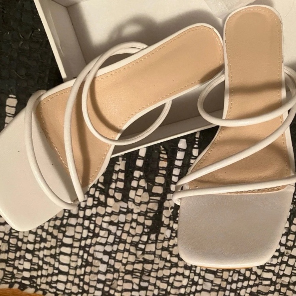 Woman's White Strappy Square Open Toe Block Heel Sandals Color White Size 7.5 - Picture 4 of 6